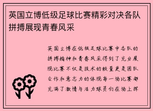 英国立博低级足球比赛精彩对决各队拼搏展现青春风采