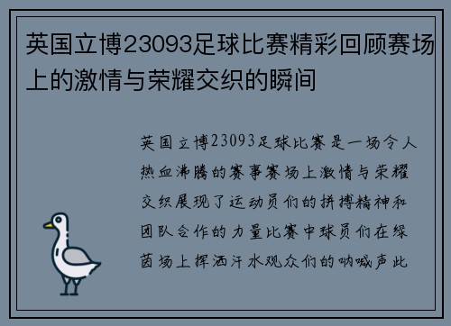 英国立博23093足球比赛精彩回顾赛场上的激情与荣耀交织的瞬间