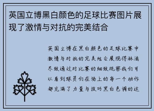 英国立博黑白颜色的足球比赛图片展现了激情与对抗的完美结合